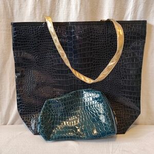 Estee Lauder Navy and Gold Croc-Embossed Tote Bag